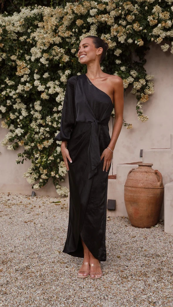 One shoulder satin maxi dress