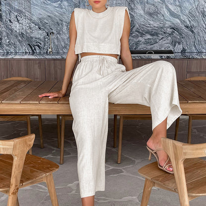 Padded shoulder two piece linen set