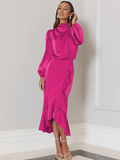 Full sleeve satin dress with ruffles