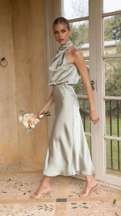 Sleeveless Halter neck Satin Dress