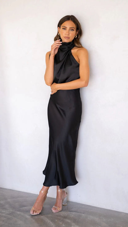 Sleeveless Halter neck Satin Dress