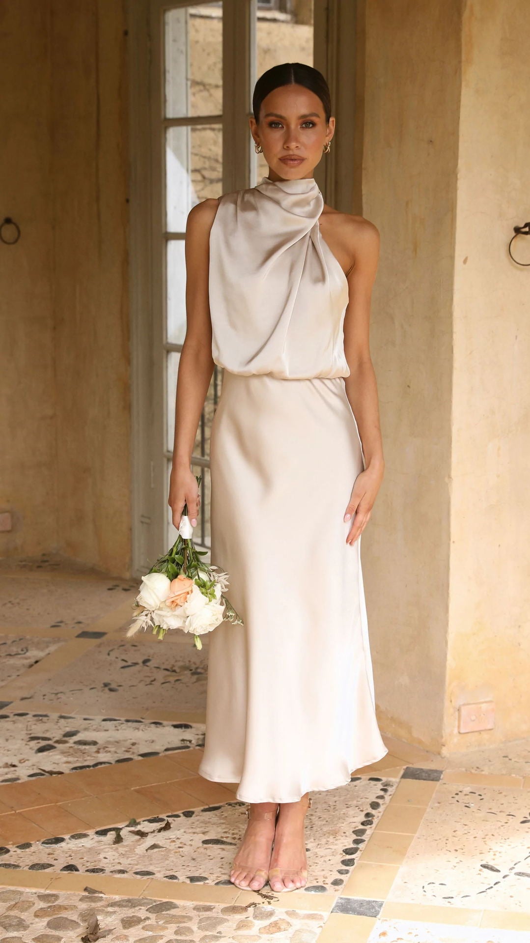 Sleeveless Halter neck Satin Dress