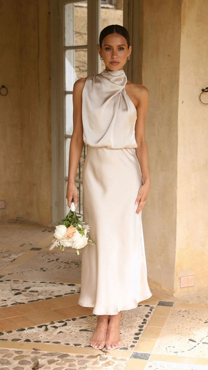 Sleeveless Halter neck Satin Dress