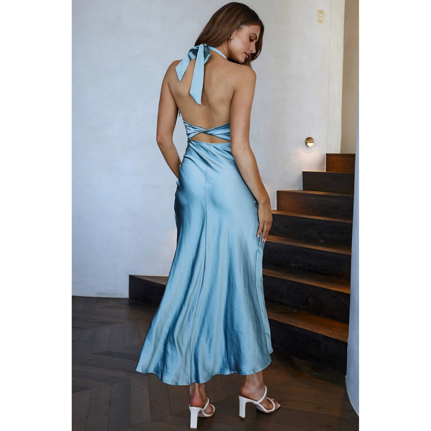 Halterneck satin maxi dress