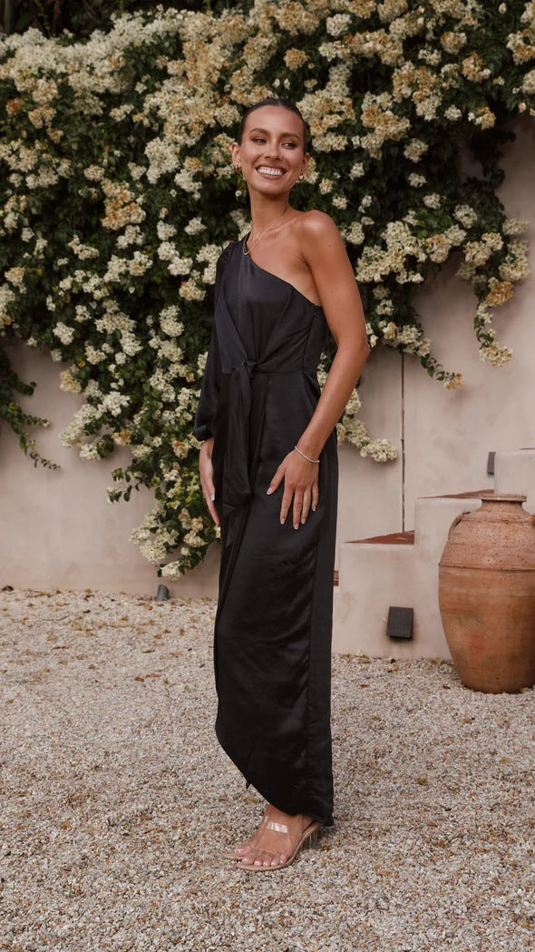 One shoulder satin maxi dress