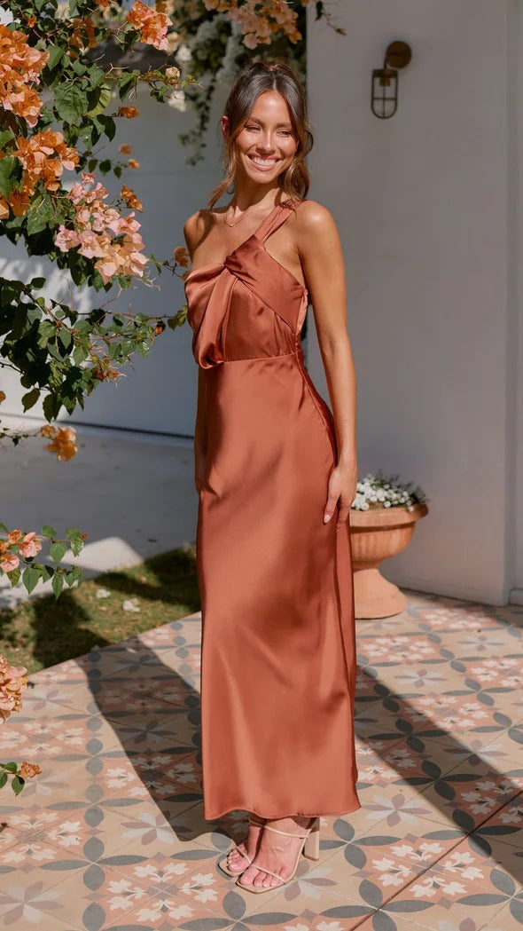 One shoulder satin maxi dress