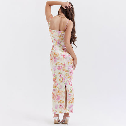 Printed maxi dress with lace trim