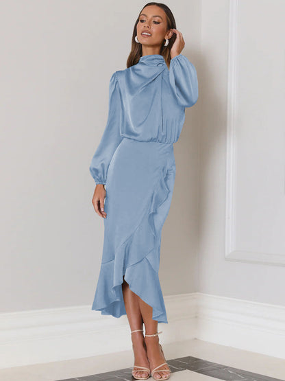 Full sleeve satin dress with ruffles